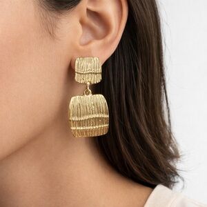 Gold Textured Double Square Drop Earrings – Clip On